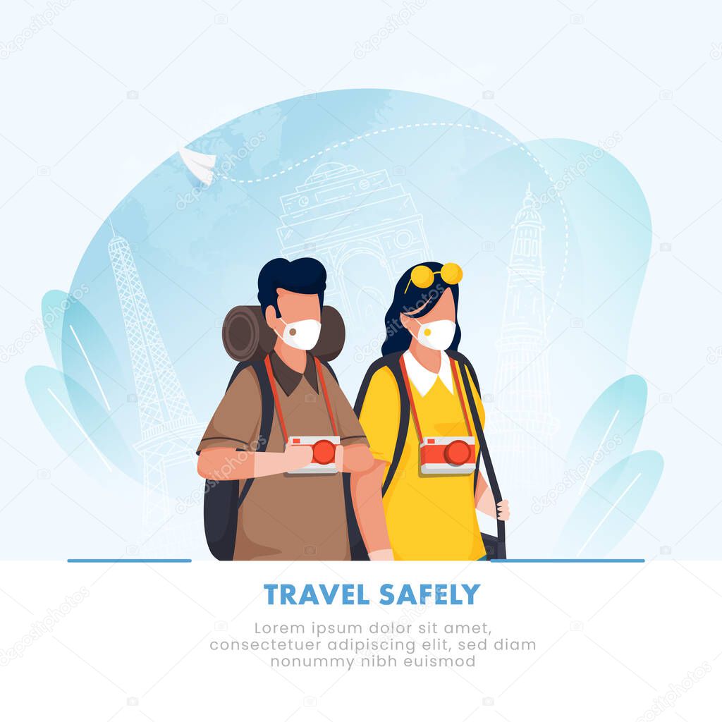 Cartoon Tourist Man and Woman Wear Protective Masks on Blue Line Art Famous Monuments Background for Travel Safely, Avoid Coronavirus Pandemic.