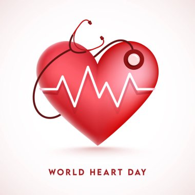 Dünya Kalp Günü için Beyaz Arkaplanda Stetoskop Tarafından Üç Boyutlu Parlak Kalp Atışı Kontrolü.