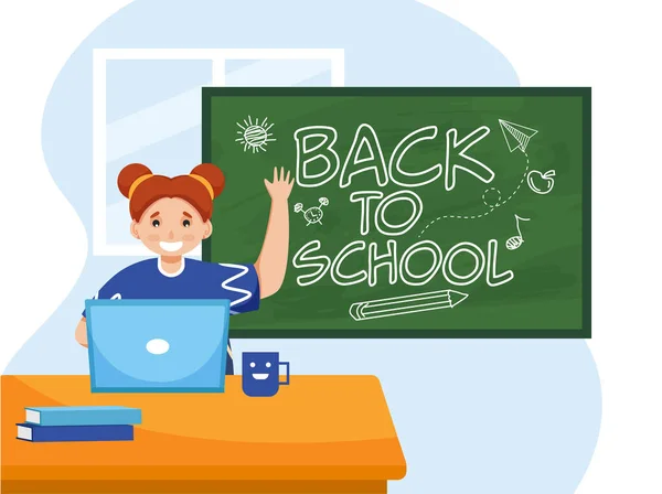 可爱的女孩在桌边使用笔记本电脑 在绿色黑板上显示返校作业 可用作海报或横幅设计 — 图库矢量图片