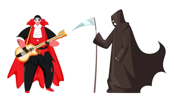 卡通吸血鬼在白色背景下扮演吉他和绿收割者的角色 — 图库矢量图片