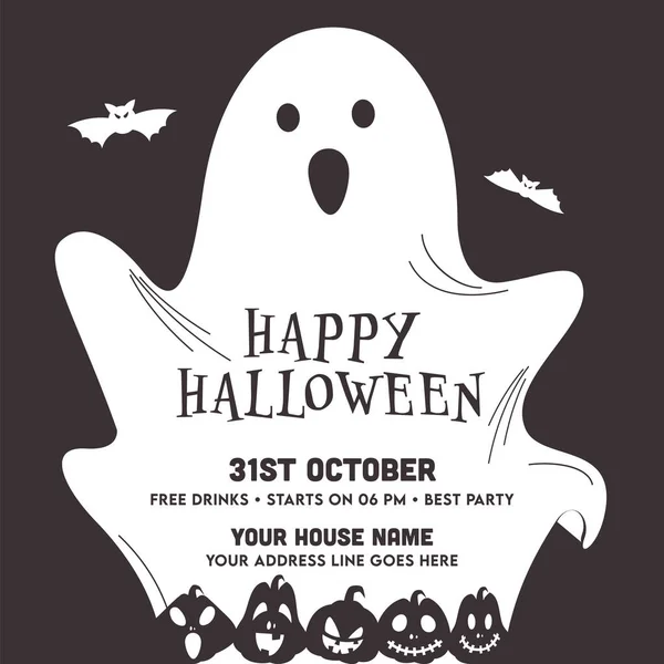 Invitación Fiesta Halloween Feliz Diseño Póster Con Fantasma Murciélagos Volando — Vector de stock