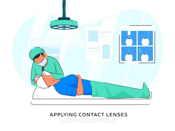 Doktor Hasta Kadının Gözüne Lens Koyan Kontak Lensler Poster Tasarımı — Stok Vektör