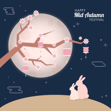Siluet Tavşanlı Parlak Dolunay Mavi Arkaplan, Asılı Çin Fenerleri ve Mutlu Sonbahar Festivali için Sakura Çiçek Dalları.