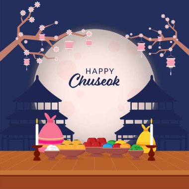 Mutlu Chuseok Kutlaması Cennetin Tapınakları, Lezzetli Yiyecekler, Çuvallar, Mum Durağı ve Mavi Dolunayda Sakura Çiçek Dalları Konsepti.