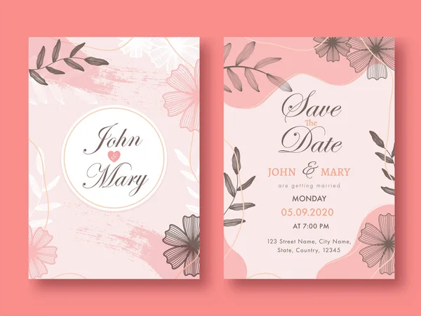 Floral Pink Wedding Invitation Card Sjabloon Layout Met Event Details — Stockvector