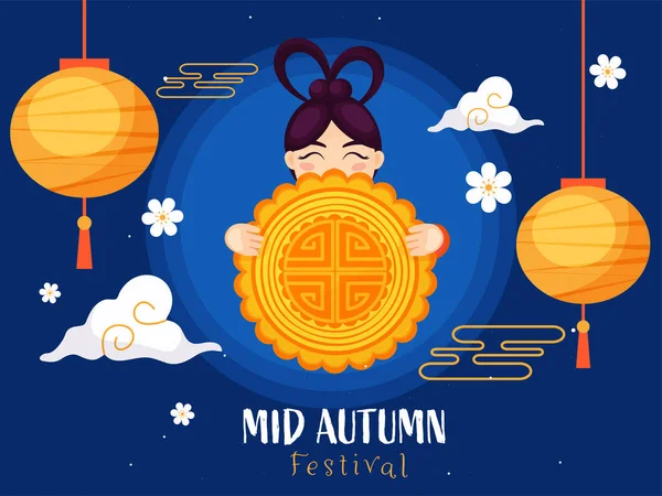 Mid Autumn Festival Poster Design Avec Fille Chinoise Tenant Gâteau — Image vectorielle