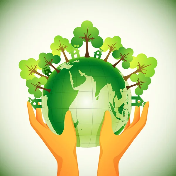 Ανθρώπινη Προστασία Χεριών Globe Δέντρα Και Πράσινο Σπίτι Γυαλιστερό Φόντο — Διανυσματικό Αρχείο
