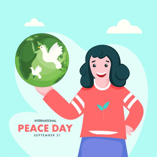 Illustration Cheerful Girl Holding Earth Globe Flying Doves 21St September — Stock Vector