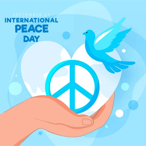 Human Hand Holding Peace Symbol Pigeon Heart Shape Earth Globe — Stock Vector