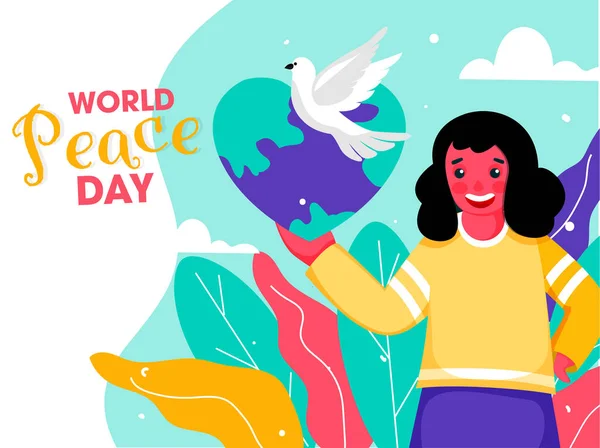 Neşeli Kız Kalbi Tutuyor Dünya Barış Günü Için Dünya Güvercinle — Stok Vektör