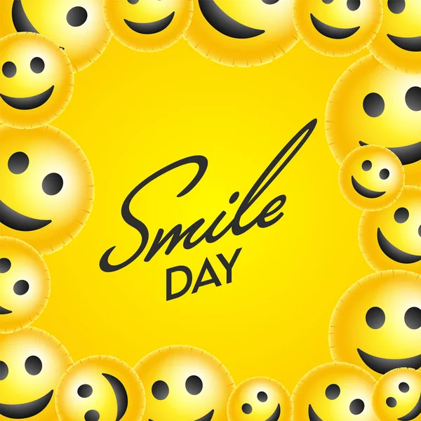 Γραμματοσειρά Ημέρα Χαμόγελο Γυαλιστερό Χαμόγελο Emoji Πρόσωπα Διακοσμημένα Κίτρινο Φόντο — Διανυσματικό Αρχείο