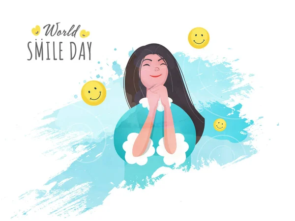 Fröhliche Mädchenfigur Mit Smiley Emojis Und Blauem Pinselstrich Effekt Auf — Stockvektor