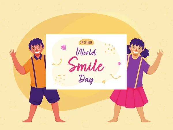 Alegre Niño Niña Sosteniendo Mensaje Papel Del Día Mundial Sonrisa — Archivo Imágenes Vectoriales