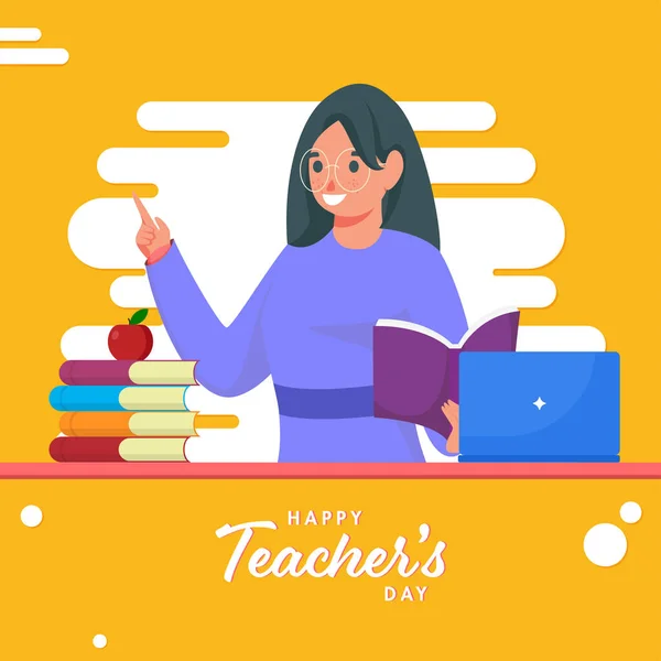 Happy Teacher Day Text Young Woman Educator Holding Book Laptop — стоковый вектор