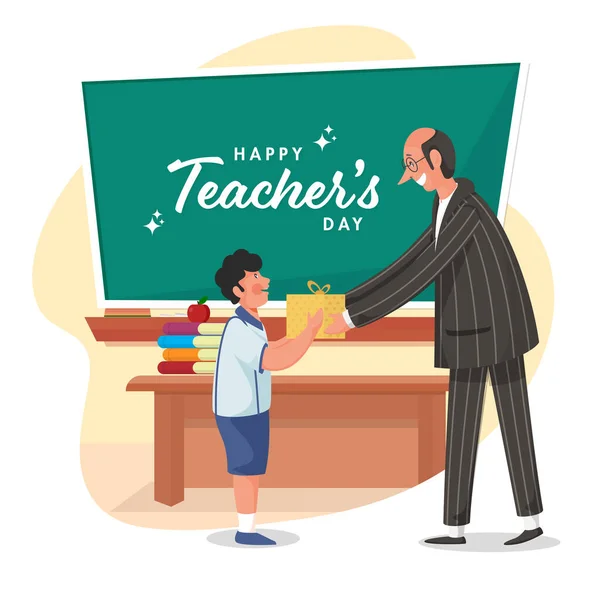 Happy Teacher Day Text Auf Grüner Tafel Mit Einem Schüler — Stockvektor