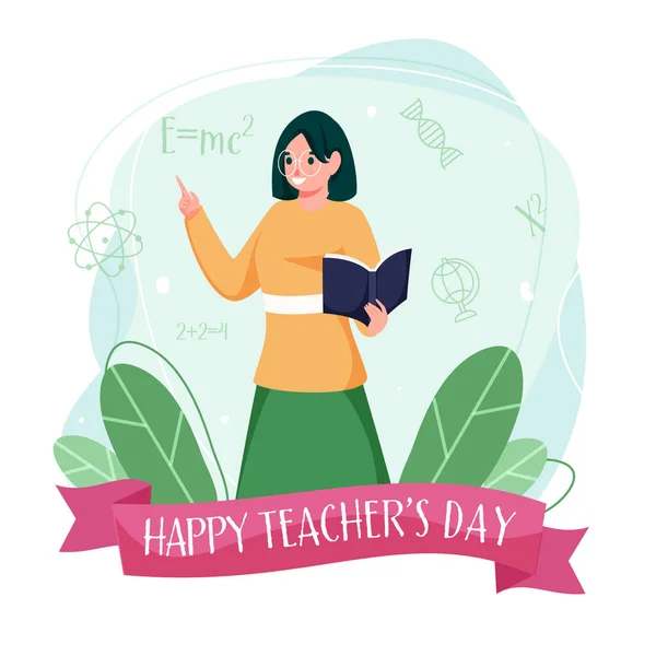 Γυναικείο Βιβλίο Holding Δάσκαλος Δείκτη Δάχτυλο Και Πράσινο Φύλλα Λευκό — Διανυσματικό Αρχείο