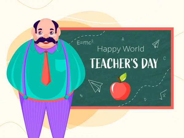 Happy World Teacher Day Text Auf Grüner Tafel Mit Cartoon — Stockvektor