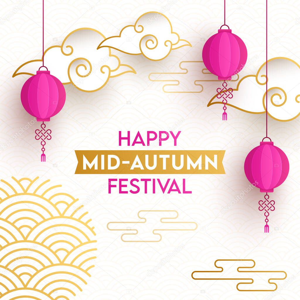 Happy Mid Autumn Festival Text with Hanging Pink Chinese Lanterns and Paper Cut Clouds on Overlapping Semi Circle Background.