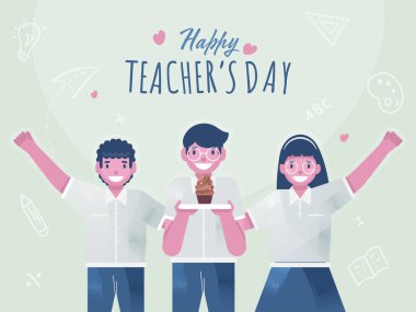 Tatlı Öğrenci Çocuklar Yeşil Eğitim Elementleri Arkaplanında Mutlu Öğretmenler Günü Kutlaması İçin Kek Sunar.