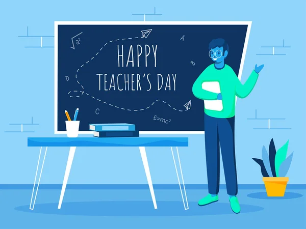 Happy Teacher Day Tekst Chalkboard Met Cartoon Educator Holding Book — Stockvector