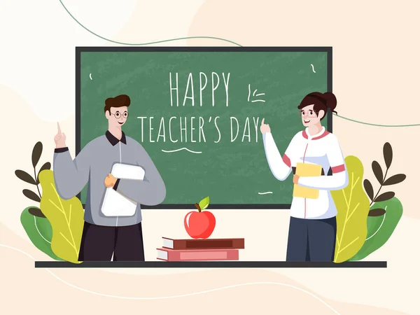 Mutlu Öğretmenler Günü Kutlaması Için Sınıfın Görünümünde Neşeli Erkek Kadın — Stok Vektör