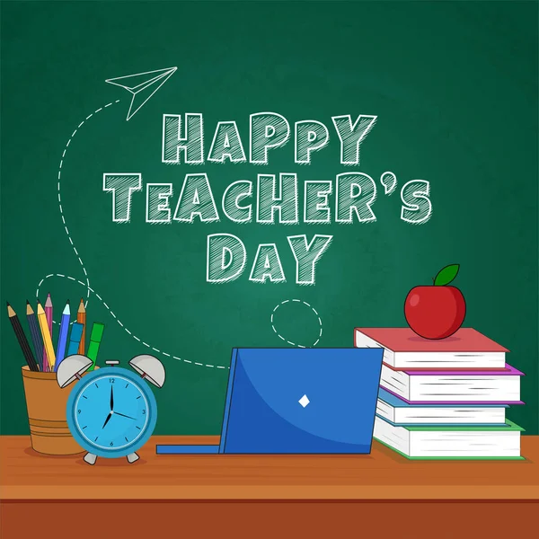 Scribble Style Happy Teacher Day Text Green Chalkboard Laptop Education — Stock Vector