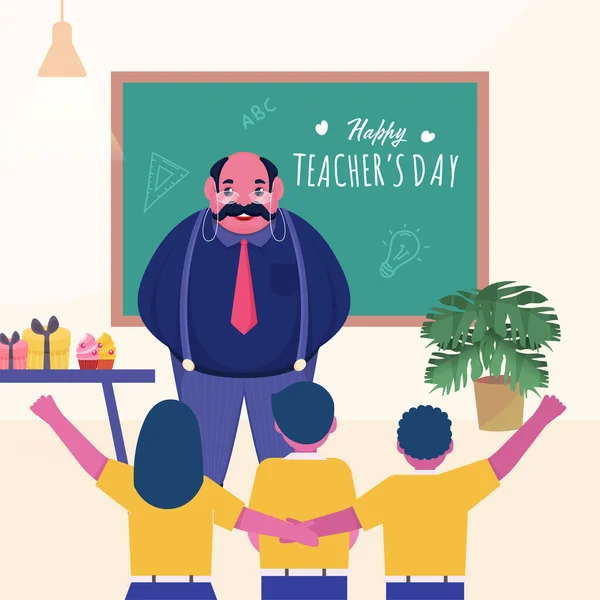 Happy Teacher Day Text Green Chalkboard Cheerful Students Teacher Man — Διανυσματικό Αρχείο