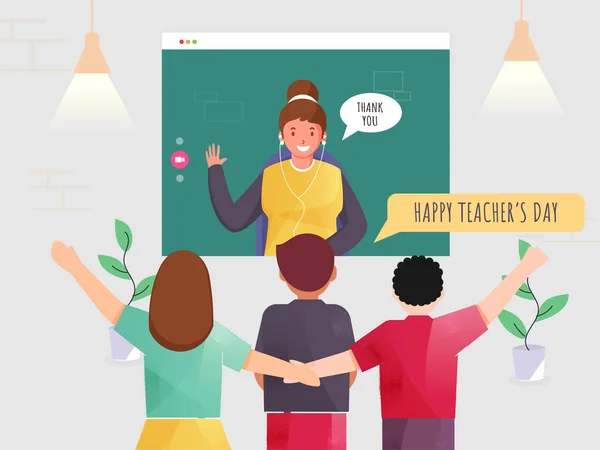 Back View Children Interacting Video Call Female Teacher Wish Teacher — Διανυσματικό Αρχείο