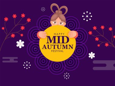 Mutlu Sonbahar Festivali 'nin Sarı Çember Kağıt ya da Etiketini Tutan Şirin Çinli Kız ve Mor Arkaplan Üzerine Çiçek Dalları Dekorasyonu.