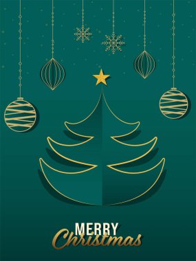 Kağıt Kesiği Altın Yıldızlı Xmas Ağacı, Mutlu Noeller kutlamaları için Yeşil Arkaplanda Sallanan Baubles ve Kar Taneleri.