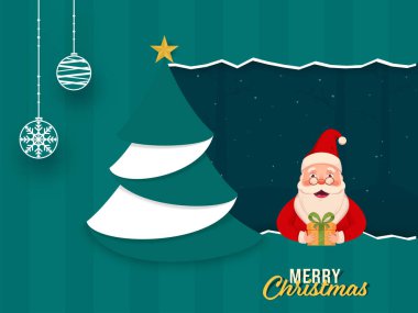 Sevimli Noel Baba 'nın elinde bir hediye kutusu, içinde Karton Noel Ağacı ve Teal Çizgili Arka plan' da asılı duran Baubles Mutlu Noeller kutlaması için..