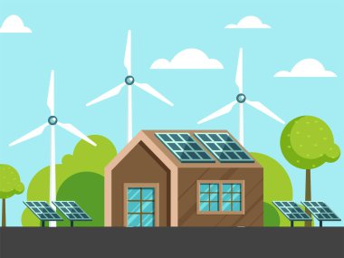 House Illustration with Solar Panel, Windmills and Tree on Sky Blue Background. Poster tasarımı olarak kullanılabilir.