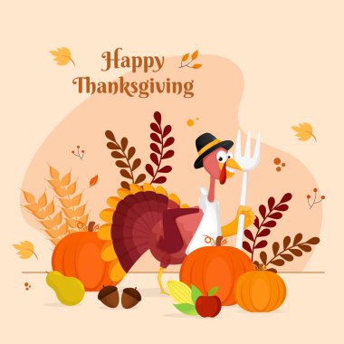 Çatal, Balkabağı, Mısır, Meyve, Buğday Kulağı ve Yapraklı Hacı Şapkası Giyen Hindi Kuşu Şükran Günü Kutlaması İçin Dekorasyonlu Arkaplan.