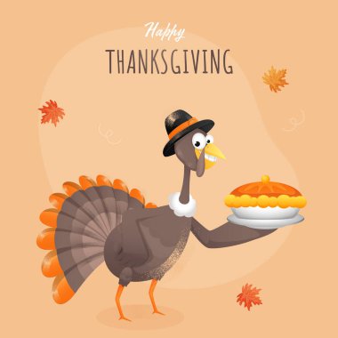 Çizgi film Hindi Kuşu, Şükran Günü Kutlama Konsepti için Açık Turuncu Arkaplanda Turta Tabağı Sunar.