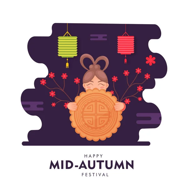 Happy Mid Podzim Festival Plakát Design Kresleným Čínské Dívky Drží — Stockový vektor