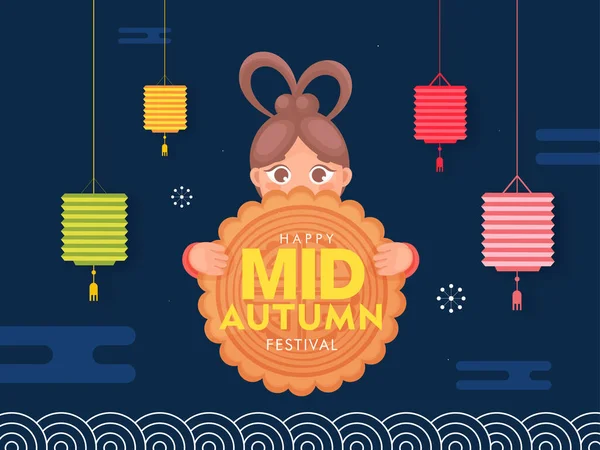 Mutlu Sonbahar Festivali için Mavi Arkaplanda Renkli Asılan Fenerli Çinli Kız Ay Pastası Tutuyor.