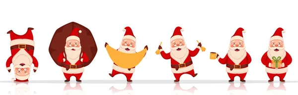 Веселый Персонаж Санта Клауса Разных Позах Тяжелым Мешком Подарочной Коробкой — стоковый вектор