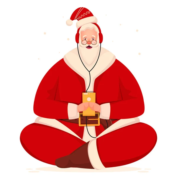 Père Noël Tenant Smartphone Écouter Musique Casque Sur Fond Blanc — Image vectorielle