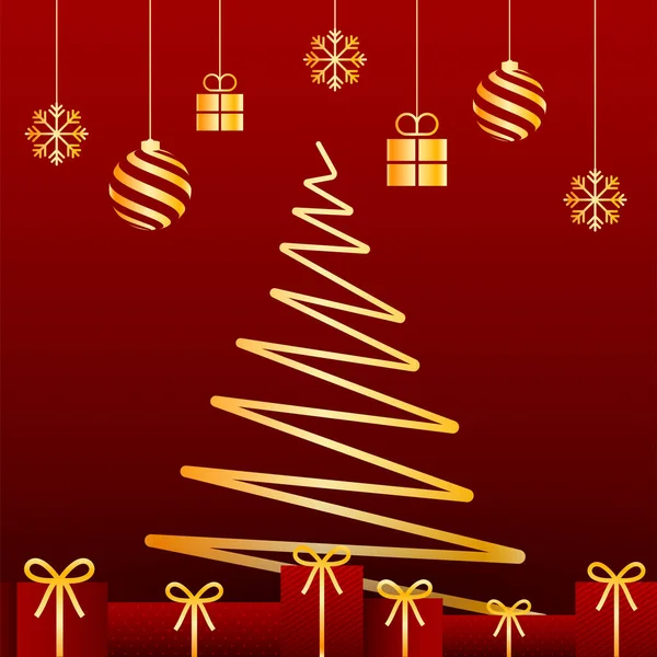 ギフトボックス ハンギングバブル 赤い背景の雪の結晶を持つ創造的な黄金のクリスマスツリー — ストックベクタ