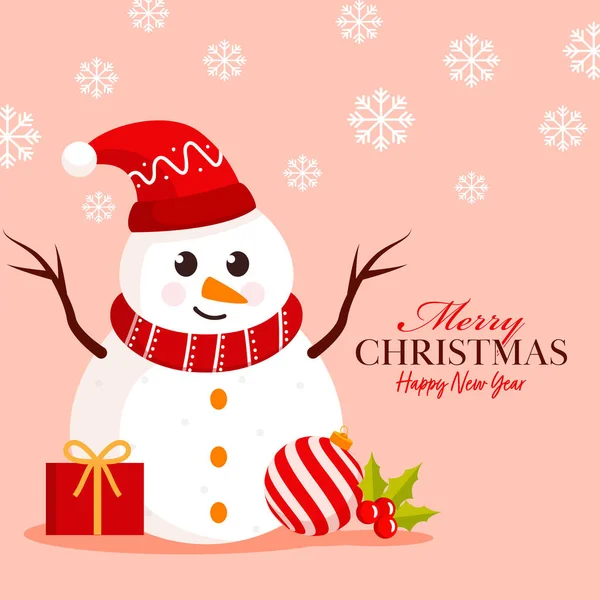 メリークリスマス ハッピーニューイヤーポスター漫画雪だるまとデザインは サンタの帽子 ギフトボックス ホリーベリー バブルと雪の結晶を身に着けていますパステルピーチの背景に飾られました — ストックベクタ