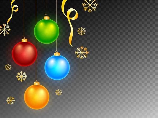 光沢のあるクリスマスボールは 黒のPngの背景に金色の雪片とリボンでハングアップします — ストックベクタ