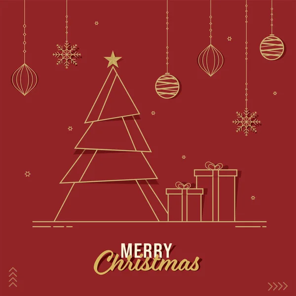 ギフトボックス付きの紙カットクリスマスツリー メリークリスマスのお祝いのために赤い背景に飾られた雪の結晶 バブルや星をぶら下げて — ストックベクタ