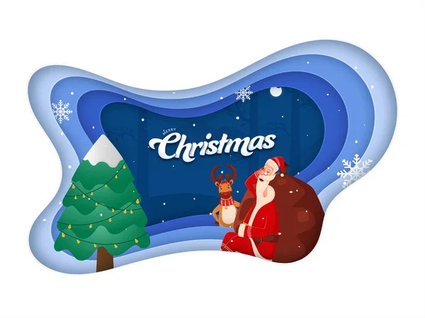 Cartoon Babbo Natale Dormire Con Sacco Pesante Renne Fiocchi Neve — Vettoriale Stock