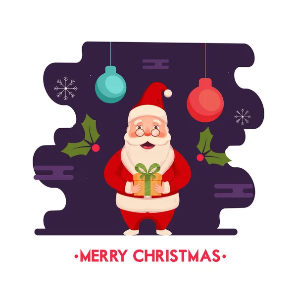 Cartoon Santa Claus Holding Gift Box Holly Berries Hanging Baubles — 스톡 벡터