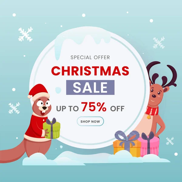Christmas Sale Poster Design Gift Boxes Cartoon Squirrel Reindeer Character — стоковий вектор