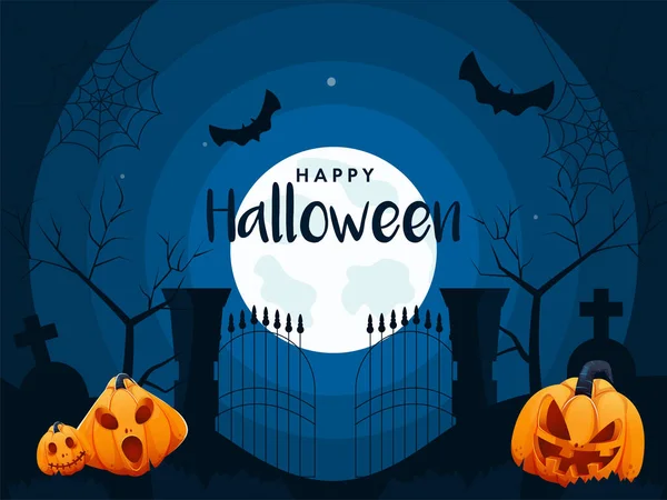 Full Moon Blue Graveyard Background Flying Bats Jack Lanterns Happy — стоковий вектор