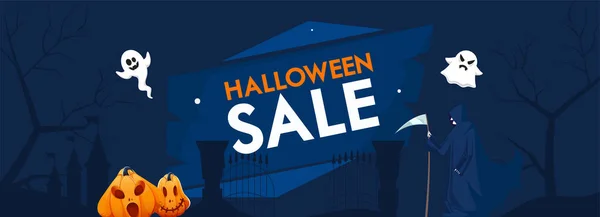 Halloween Sale Header Banner Design Com Jack Lanternas Fantasmas Desenhos — Vetor de Stock