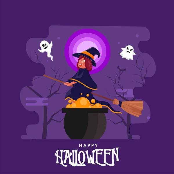 Feliz Halloween Celebration Poster Design Con Bruja Dibujos Animados Volando — Vector de stock