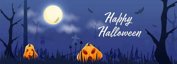 Χαρούμενη Γραμματοσειρά Halloween Jack Lanterns Και Flying Bats Στην Πανσέληνο — Διανυσματικό Αρχείο