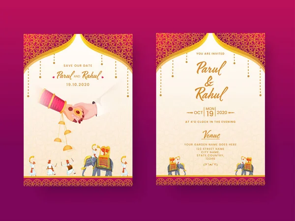 Tarjeta Invitación Boda India Diseño Plantilla Con Detalles Del Lugar — Vector de stock